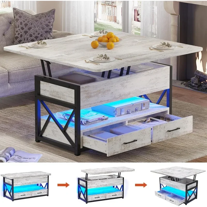 

40" Lift Top Coffee Table, 4 in 1 Coffee Tables with Storage , Small Farmhouse Coffee Table with 2 Drawers & LED Light