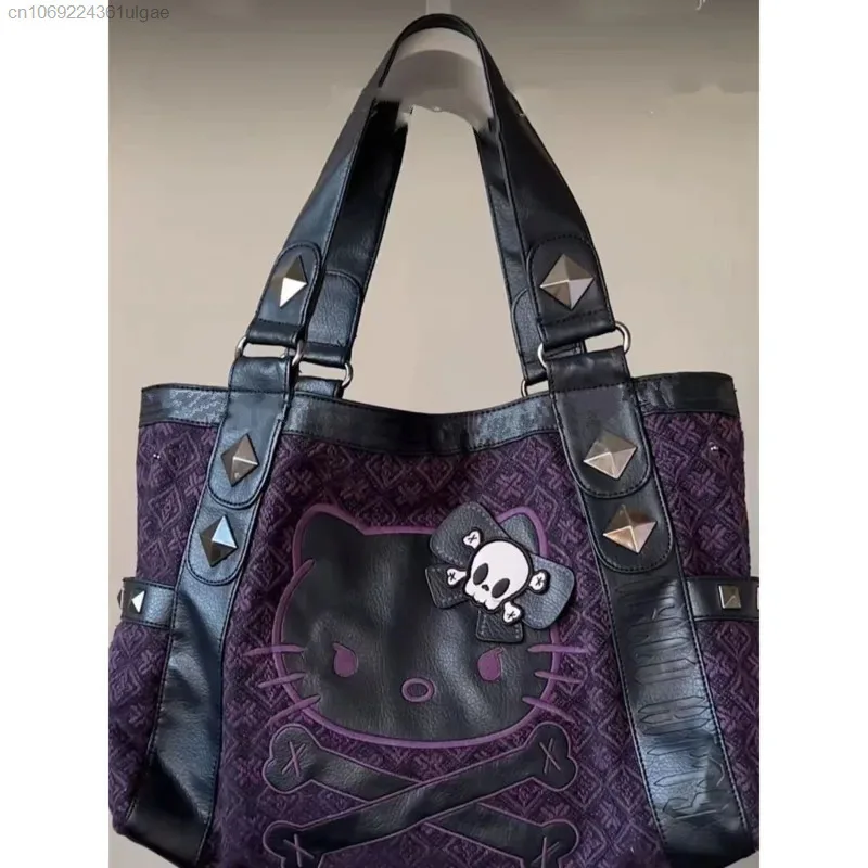 Sanrio Hello Kitty Vintage Patchwork Purple Armpit Bag Subculture Y2K Sweet Spicy Girl Handbag Gothic Trendy Versatile Tote Bag