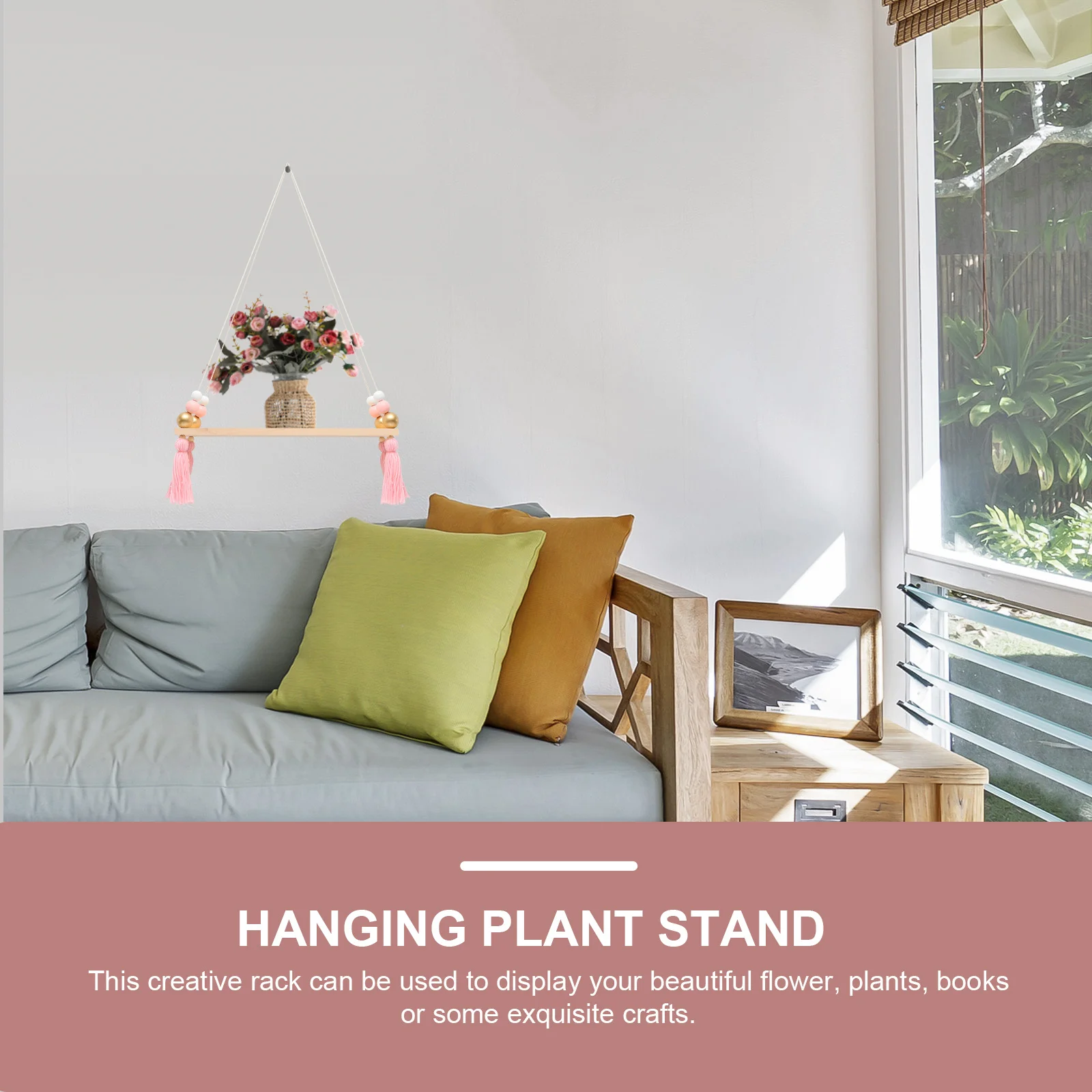 

Simple Wall Hanging Rack with Wooden Beads and Tassels Functional Decorative Shelf for Living Room Bedroom Balcony Plant Books