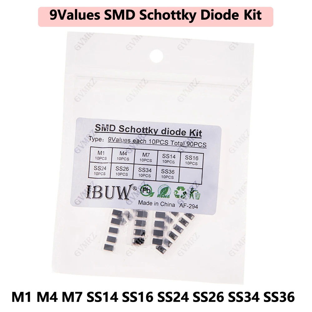 90PCS 9Values SMD Schottky Diode Kit M1 M4 M7 SS14 SS16 SS24 SS26 SS34 SS36 for Electronic Rectification Projects M1
