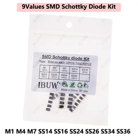 90PCS 9Values SMD Schottky Diode Kit M1 M4 M7 SS14 SS16 SS24 SS26 SS34 SS36 for Electronic Rectification Projects M1