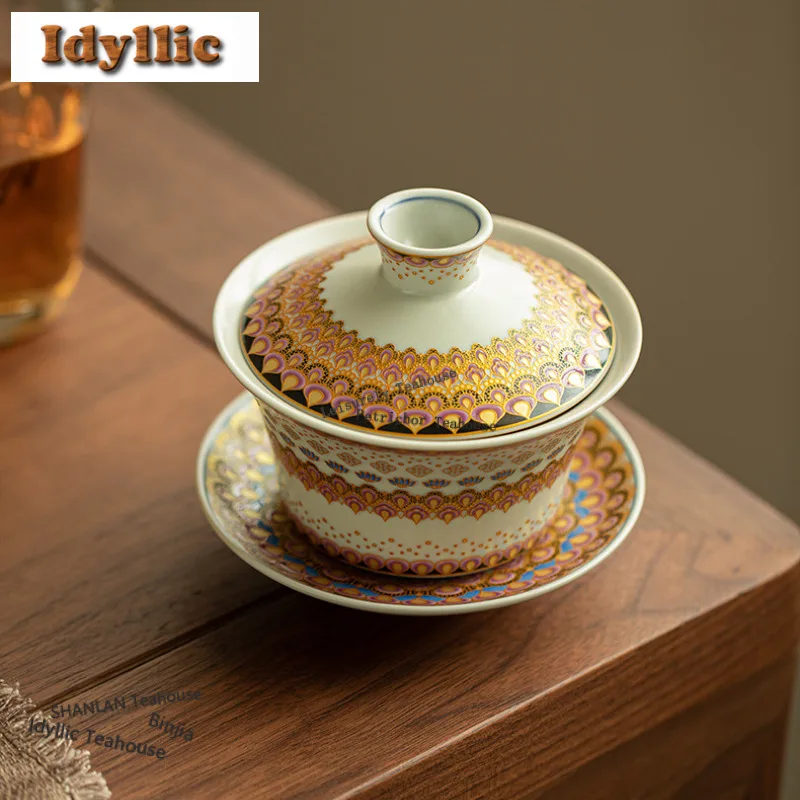 260ml Ru Kiln Colour Enamels Gaiwan Elegant Sopera Tea Tureen Tea Bowl with Lid Kit Tea Maker Cover Bowl Tableware Decoration