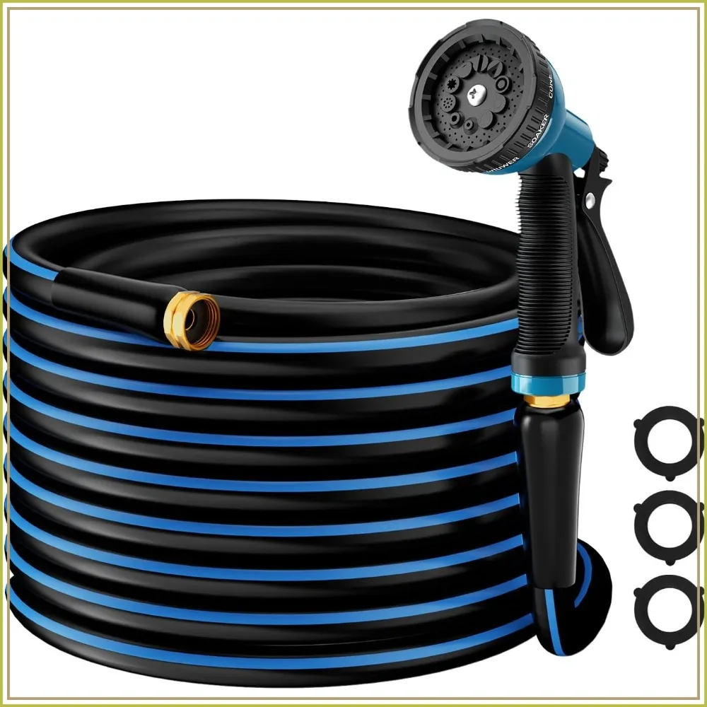 

Heavy Duty Garden Hose 5/8" 50ft - Flexible Rubber Water Hose with 10 Function Sprayer - Leakproof, Durable for Yard, Lawn, Car Wash