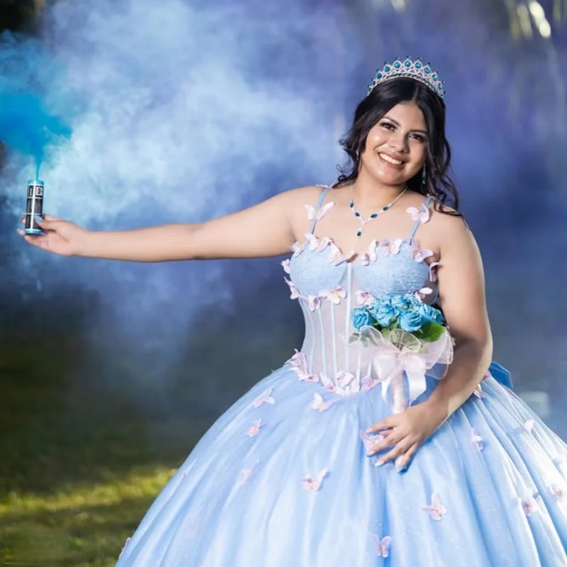 

aqua blue Quinceanera Dress off-shoulder Lace fishbone flower butterfly decal vestidos de 15 Quinceanera ﻿Customized