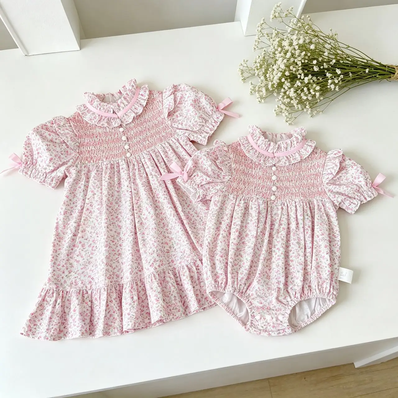 2026 Summer New Cute Baby Girl Floral Lace Bodysuit Girls Short Sleeve Sweet Princess Dress Cotton Toddler Sisters Clothes