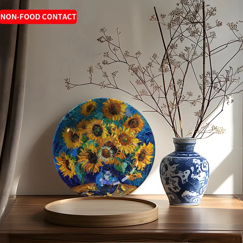 1pc Blue Sunflower Ceramic Decorative Plate - Hand-Painted Floral Art, Non-Food Contact Home Decor for Living Room, Study, Desk