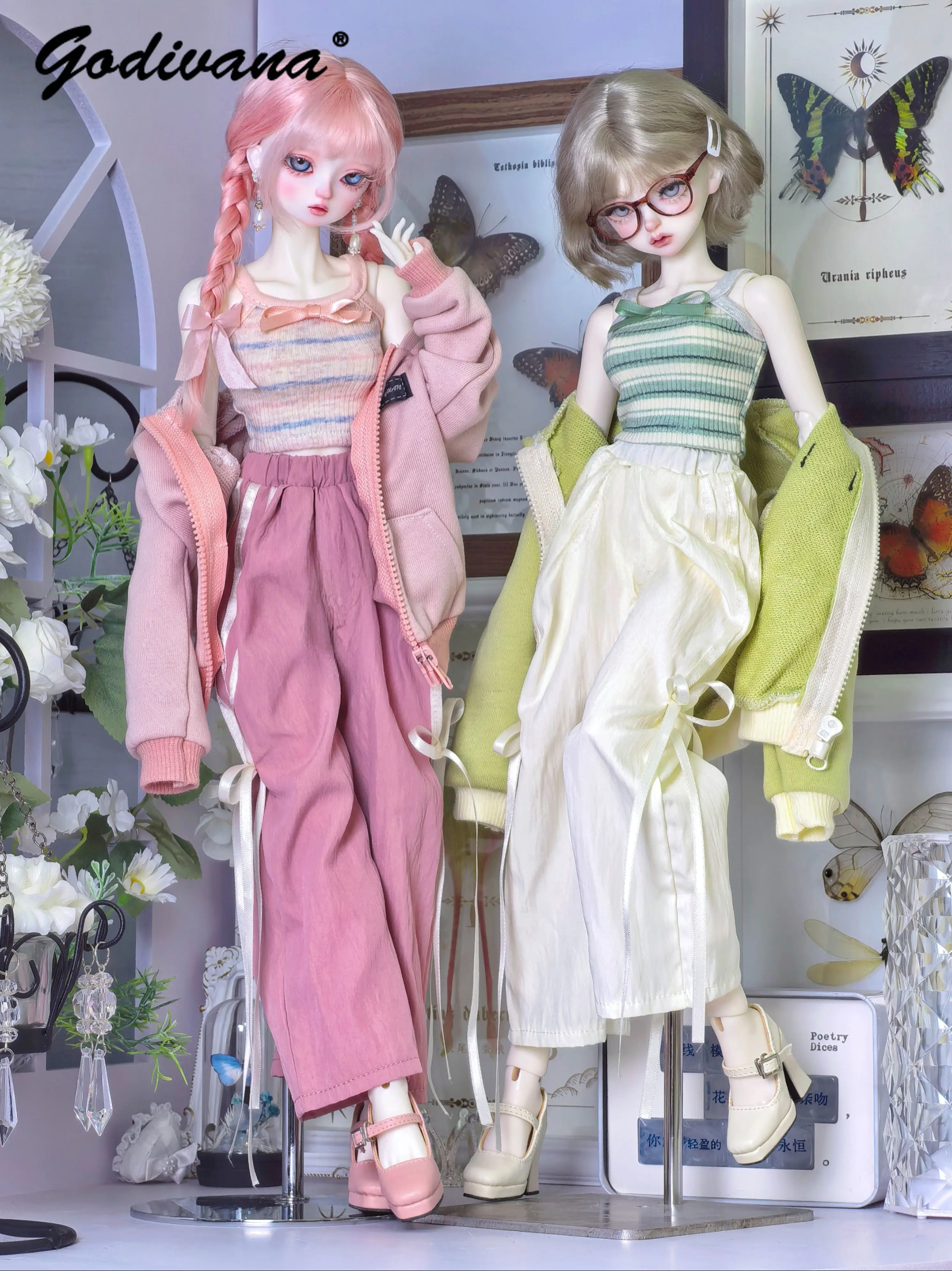 1/4 BJD Doll Daily Clothes Sweet Striped Knit Sling Top Zipper Loose Coat Ribbon Decor Wide Leg Pants Casual Streetwear Suit