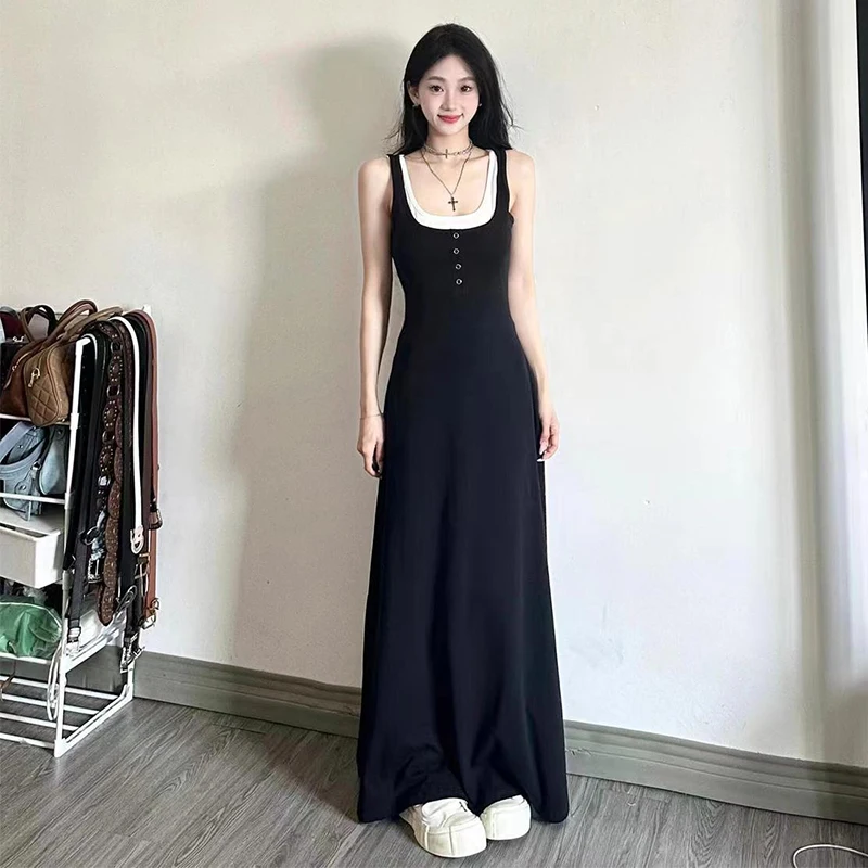 

Temperament Summer Dresses Women Square Collar Button Contrast Color Fake Two Pieces Fashion Slim A-line Mid-length Slip Dress