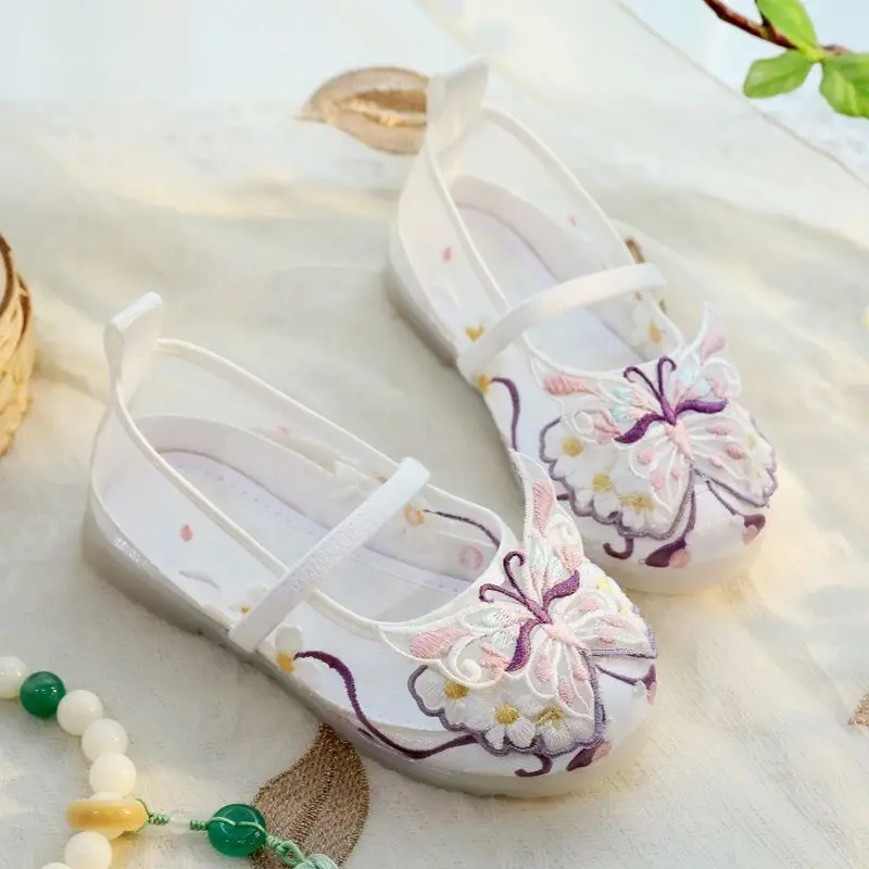 Children Vintage Hanfu Shoes Chinese Style Girls Princess Embroidered Butterfly Kids Causal Performance Flat Shoes