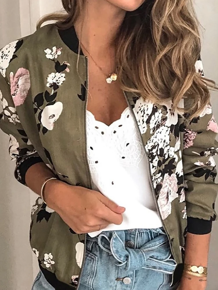 O-Neck Bomber Short Jackets New Fashion 2023 Autumn Women\'s Pockets Zipper Long Sleeve Coat Female Flower Printed White Jacket