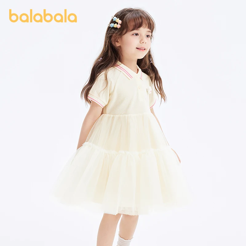 Balabala Children Dress Girls 2024 Summer New Style Girls Dress Color-blocked Soft and Tender A-line Chiffon Dress