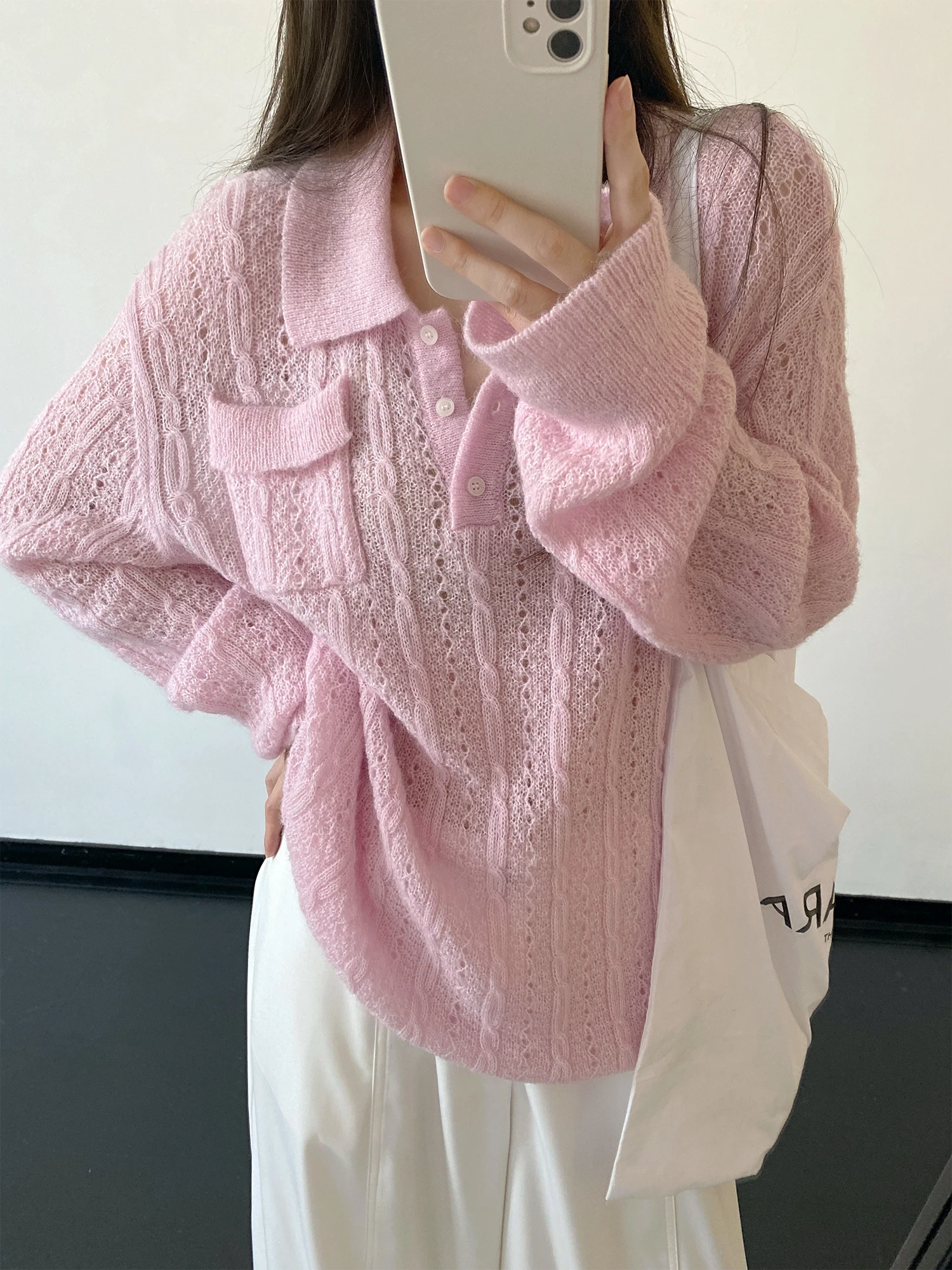 

SunYeo Lazy Sle Hollow out Knitwear Loose Versatile Top Women's Casual Loose Fit Long Sve Button up Spring Faion