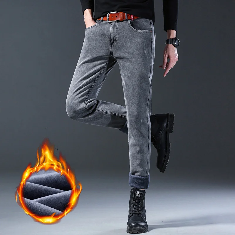 Winter New Men\'s Plush Warm Denim Pants Slim Straight Gentleman Slacks Fashion European American Style Stretch Men Luxury Jeans