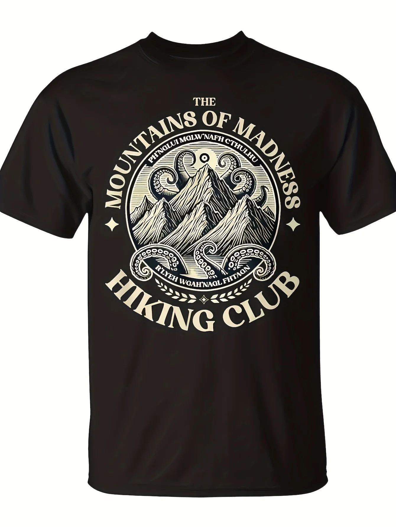 Men's Vintage Lovecraftian Hiking Club T-Shirt Miskatonic University Inspired Cthulhu Horror Design Black Beige Mountain Graphic
