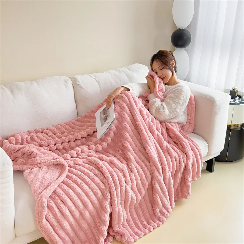 Winter Warm Blankets New Artificial Rabbit Plush Autumn Warm Soft Blankets Beds Solid Striped Throw Sofa Cover Bedspread Sheet
