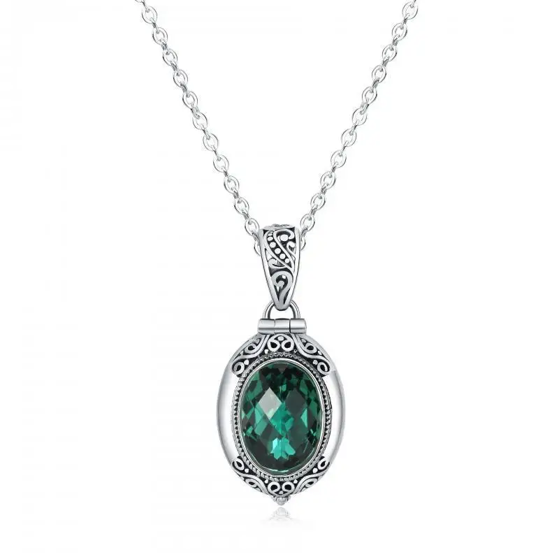 Fashionable Palace Style Green Crystal Pendant Retro Carved Gawu Box Openable Baroque Style Pendant for Women