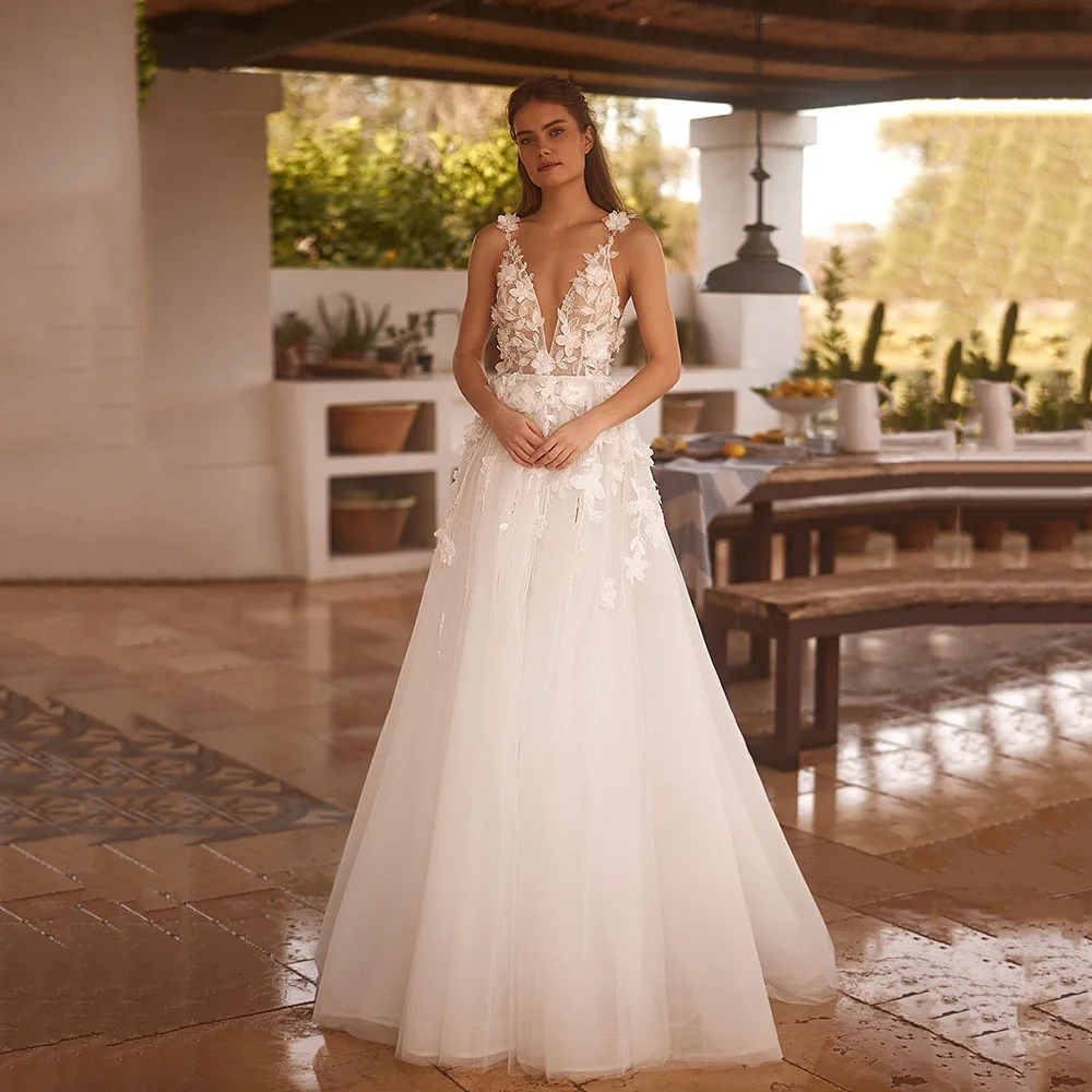 

Msikoods Deep V Lace Applique Bridal Dress 3D Floral Tulle A Line Wedding Gown Backless Boho Bride Wedding Dresses Customized