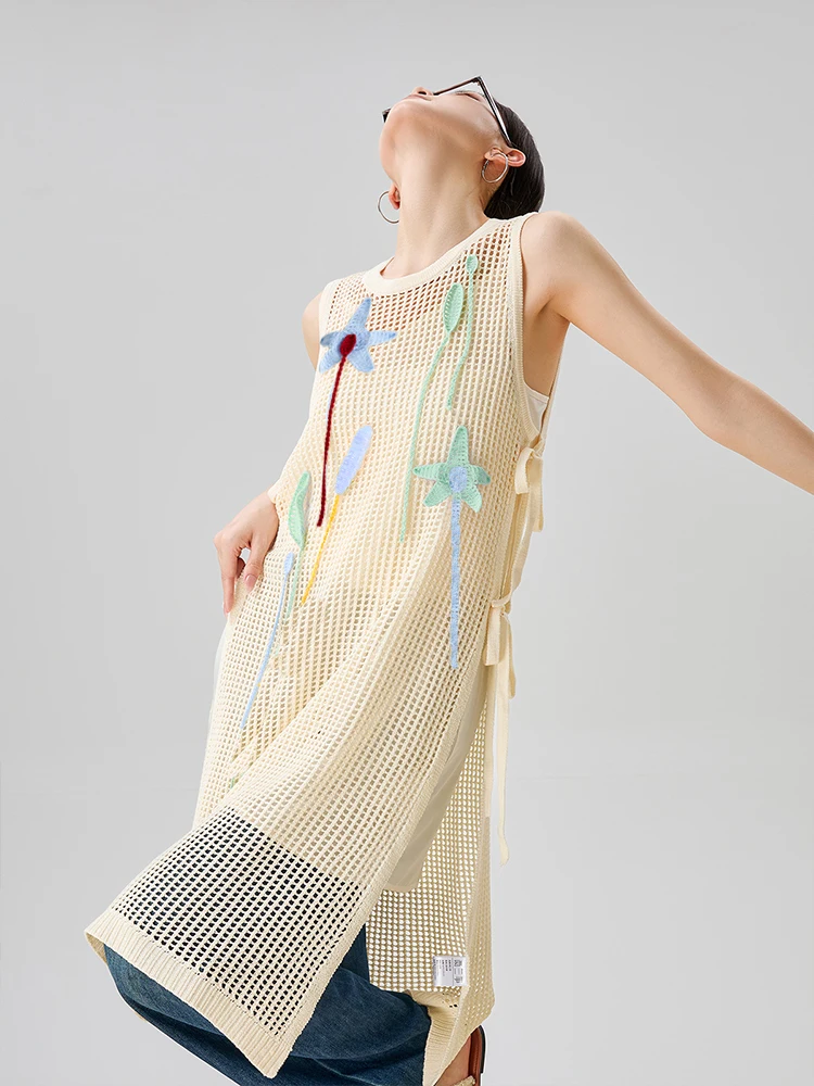 

Summer Ele Apricot Hollow out Svel Vest Dr Women's High Waist A-Line Skirt Casual round Ne No Sve Dr