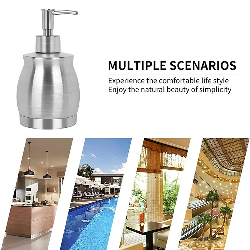 Dispensador de sabão de bancada de aço inoxidável, garrafa e bomba adequada para cozinha e banheiro 390ml