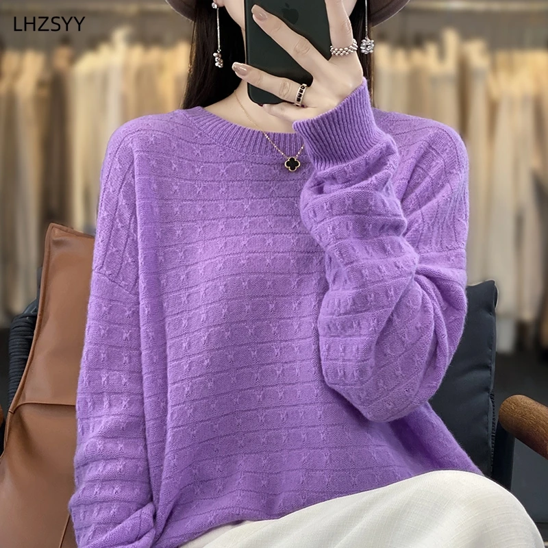 LHZSYY 2023Spring Autumn New Pure Wool Sweater Ladies O-Neck Loose Pullover Fashion Jacquard Knit Women Tops Cashmere Base Shirt