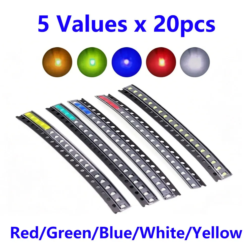 100pcs=5colors x 20pcs 0201 0402 0603 0805 1206 1210 3528 2835 3014 3030 5050 5730 SMD LED Diode Kit Red/Green/Blue/White/Yellow