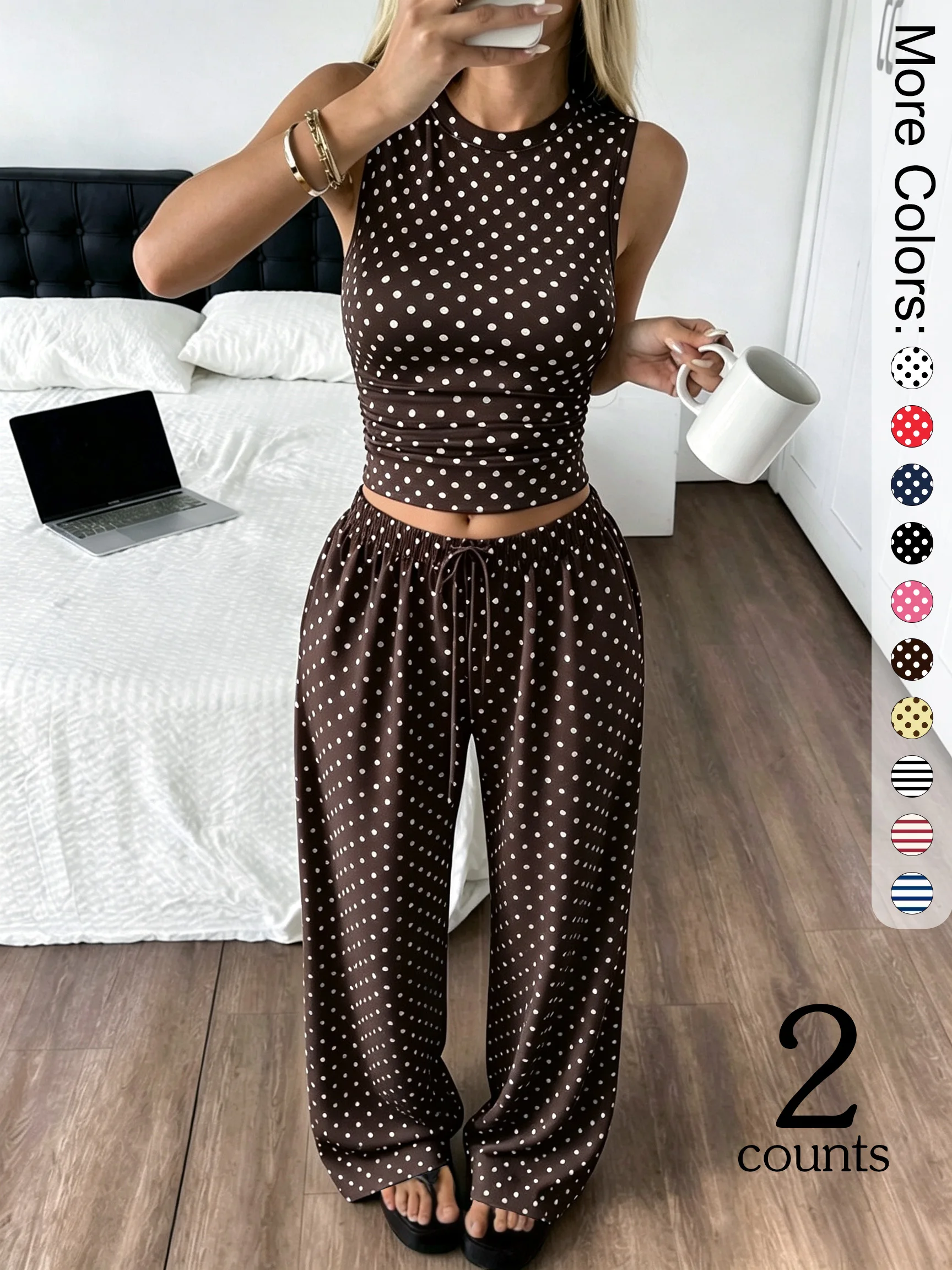 2 Pack Women's Polka Dot Loungewear Set Sleeveless High Neck Crop Top Wide Leg Pants Clean Girl Style Summer Outfits
