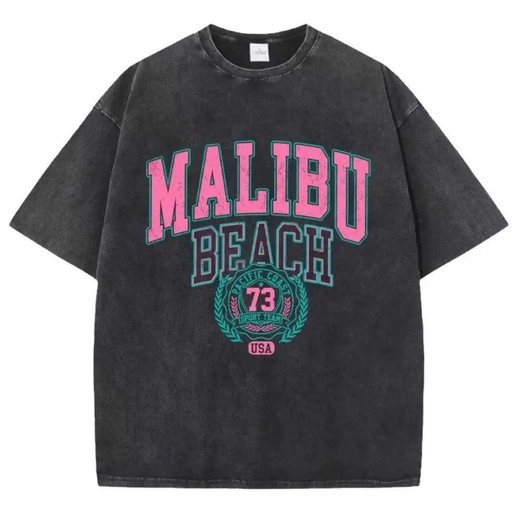 

Европейская и американская уличная футболка из чистого хлопка с принтом Malibu Beach, свободный ретро-модный женский топ с короткими рукавами
