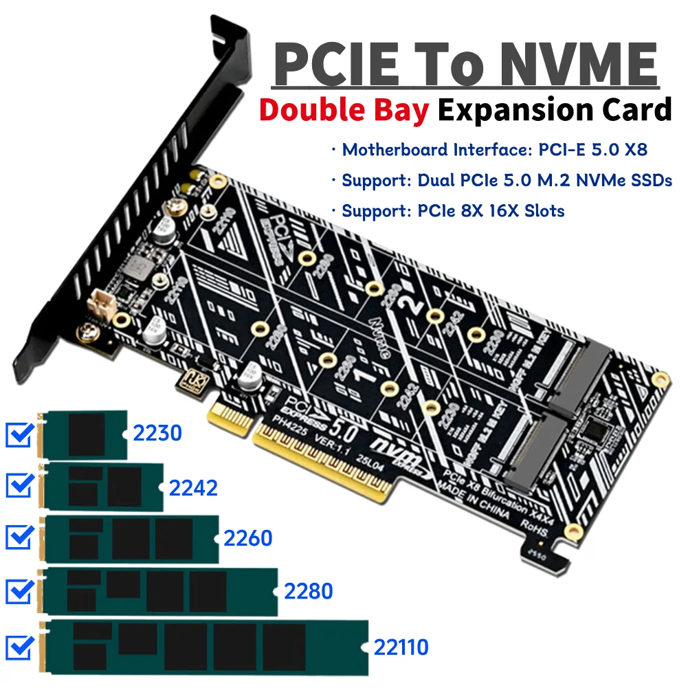 

Двойной адаптер для накопителей NVMe на PCIe M.2, в комплекте с инструментами, для SSD M.2 NVMe (M-Key) на PCIe X8 для настольных ПК