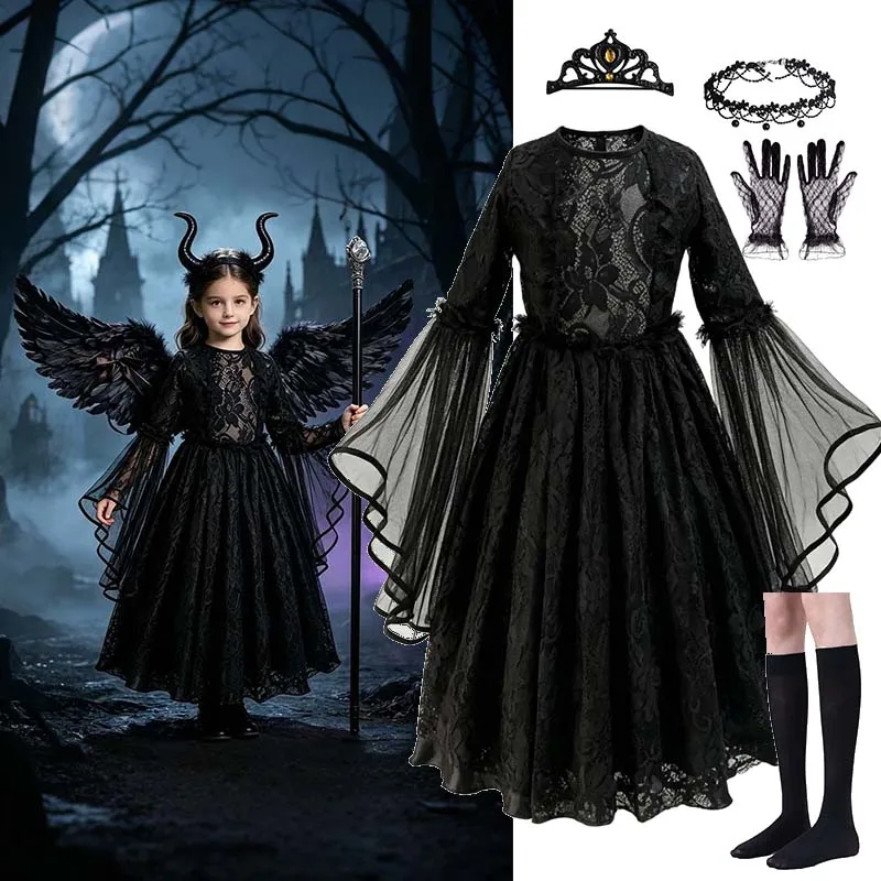 Kids Girls Sheer Bell Sleeve Black Lace Gown Vintage Gothic Costume for Birthday Dark Theme Party Wear