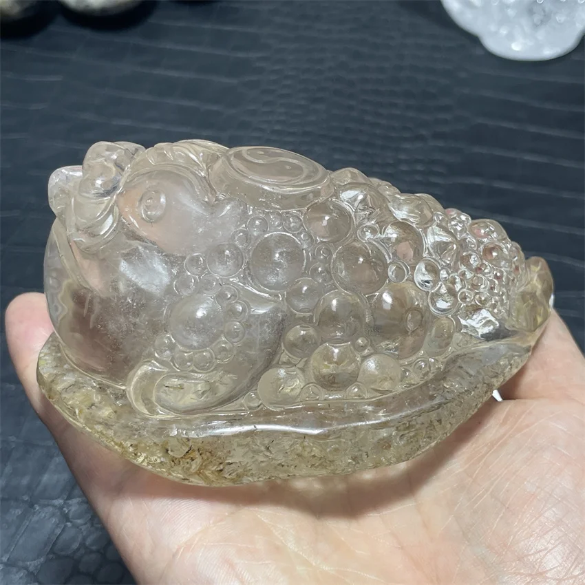 Natural Clear Quartz Smoky Golden Toad Crystal Hand carved view 4