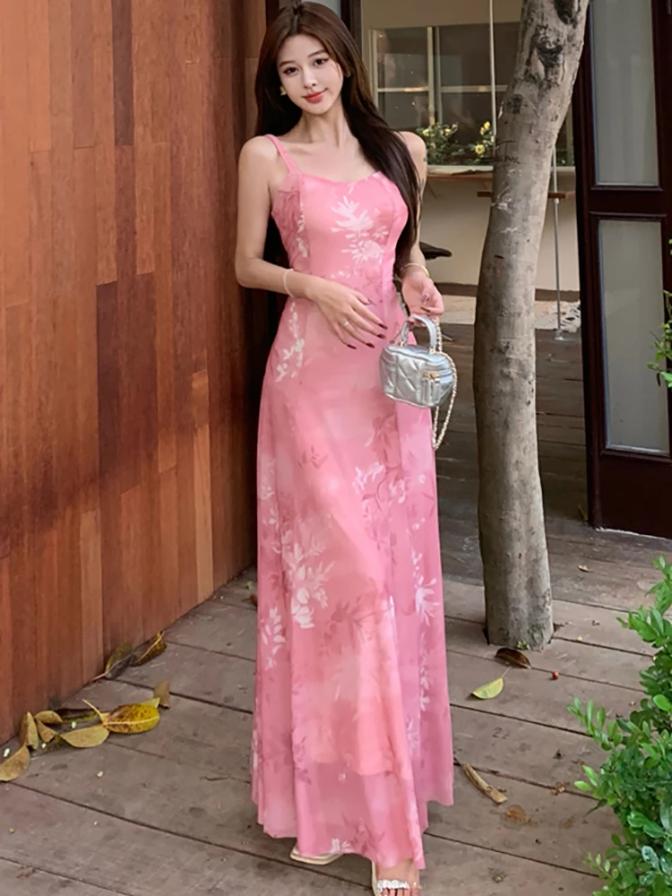 2025 Roze Mesh Bloemen Sexy Sling Lange Jurk Zomer Elegante Casual Vakantie Jurk Vrouwen Nieuwe Koreaanse Mode Bodycon Een Stuk Jurk