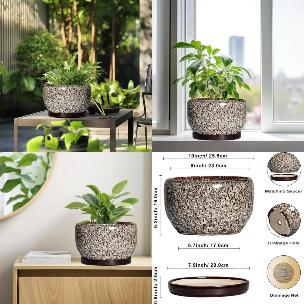 

10-дюймовый круглый белый горшок для цветов с дренажем для комнатных и наружных растений, декоративный цветочный горшок с блюдцем, идеально подходит для дома и G
