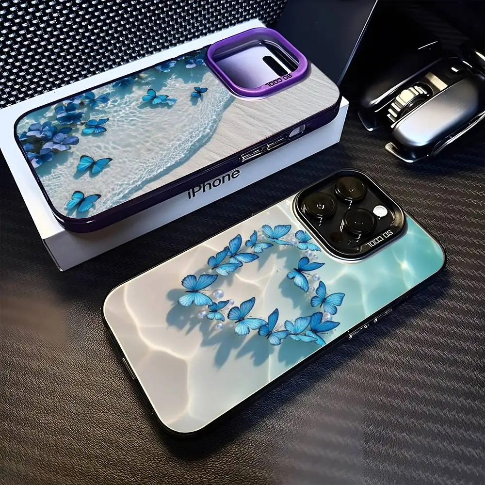 

Чехол для телефона с синей бабочкой для iPhone 16,15,14,13,12,11, Mini, Pro, MAX фиолетовый матовый противоударный чехол