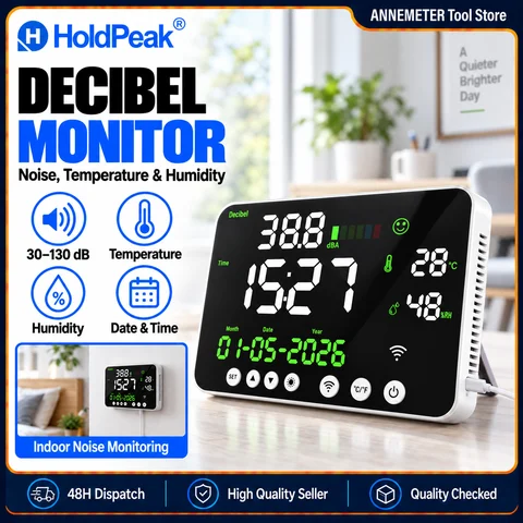 Digital Sound Level Meter 30-130dB Noise Decibel Monitor Temp Humidity Time Calendar 11" LED Screen 8-Level Dimming for Home