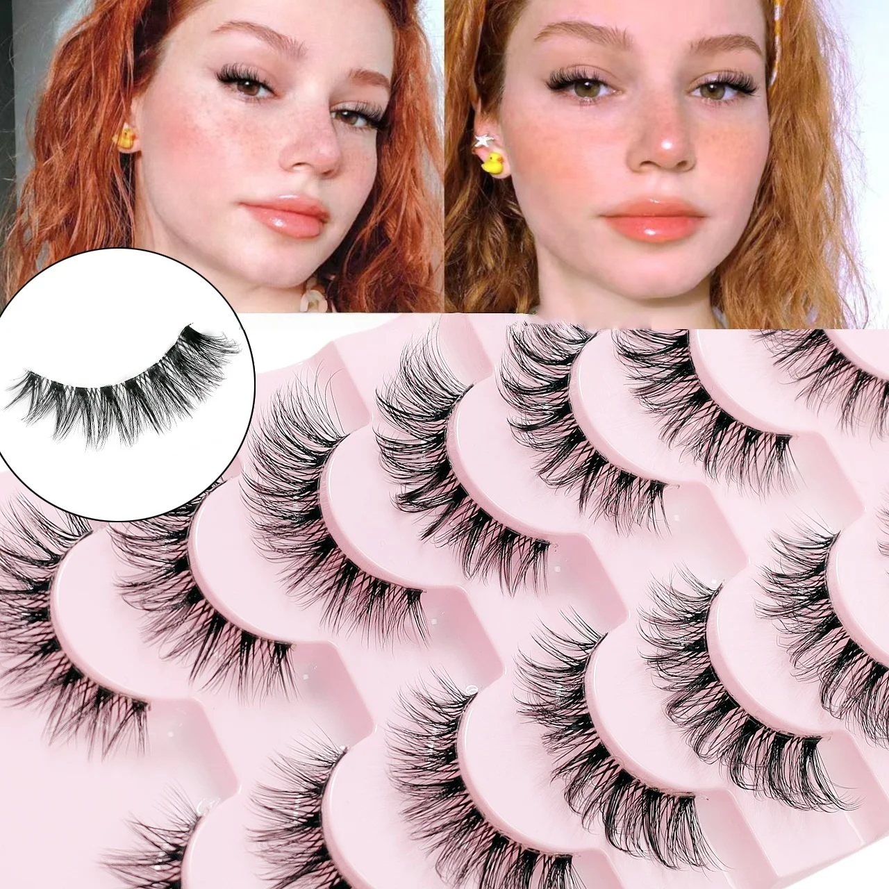 ขนตาปลอม 7 คู่ มีแถบโปร่งใส ขนตาปลอมหนาและหนา รูปลักษณ์เป็นธรรมชาติ ขนตาปลอมสไตล์ฟ็อกซ์ e