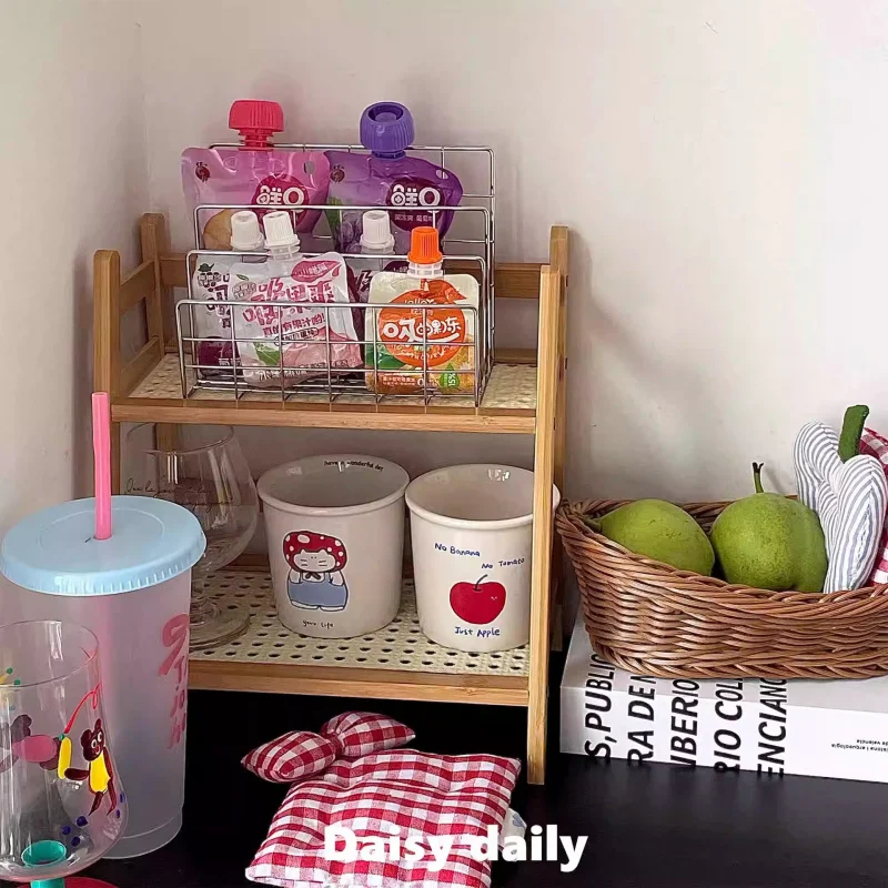 ins中国-古代籐色の二層デスクトップ収納ラック寮の寝室オフィスキッチンカップホルダー整理