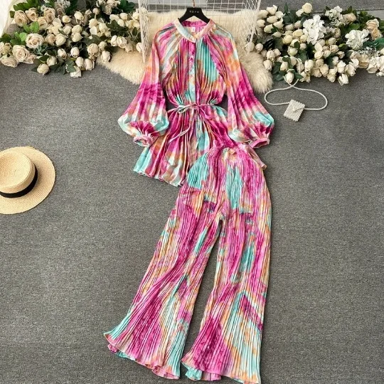 Chic Print Pajamas for Women Two-piece Waistband Chiffon Shirt High Waist Pleated Wide Leg Pants Set Loungewear Women Sleepwear