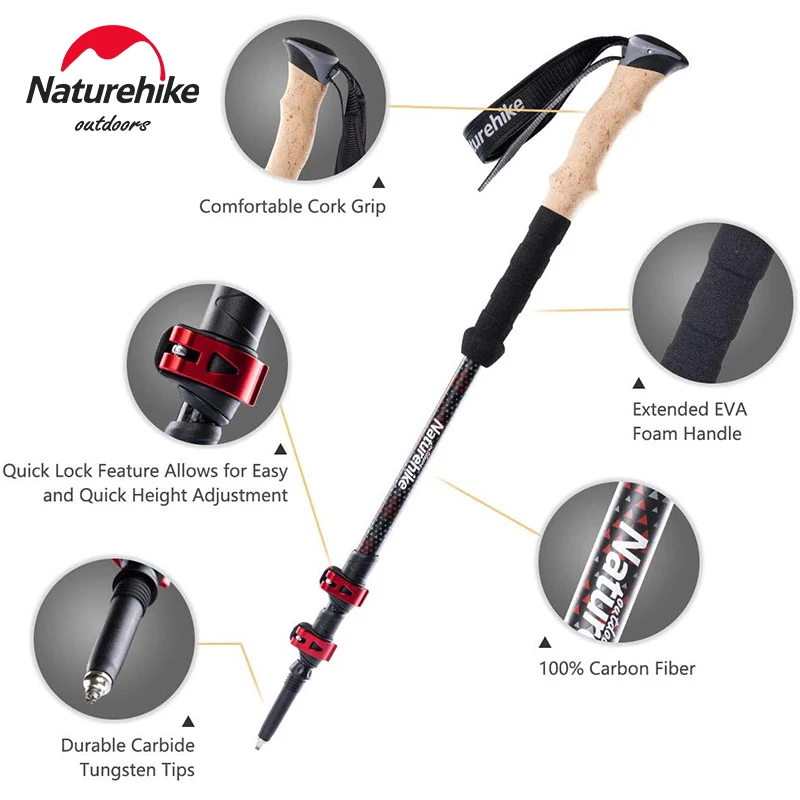 Naturehike 2pcs Trekking Pole Carbon Fiber Telescopic Walking Sticks Tent Foyer Poles Carbon Climbing Stick Hiking Supplies