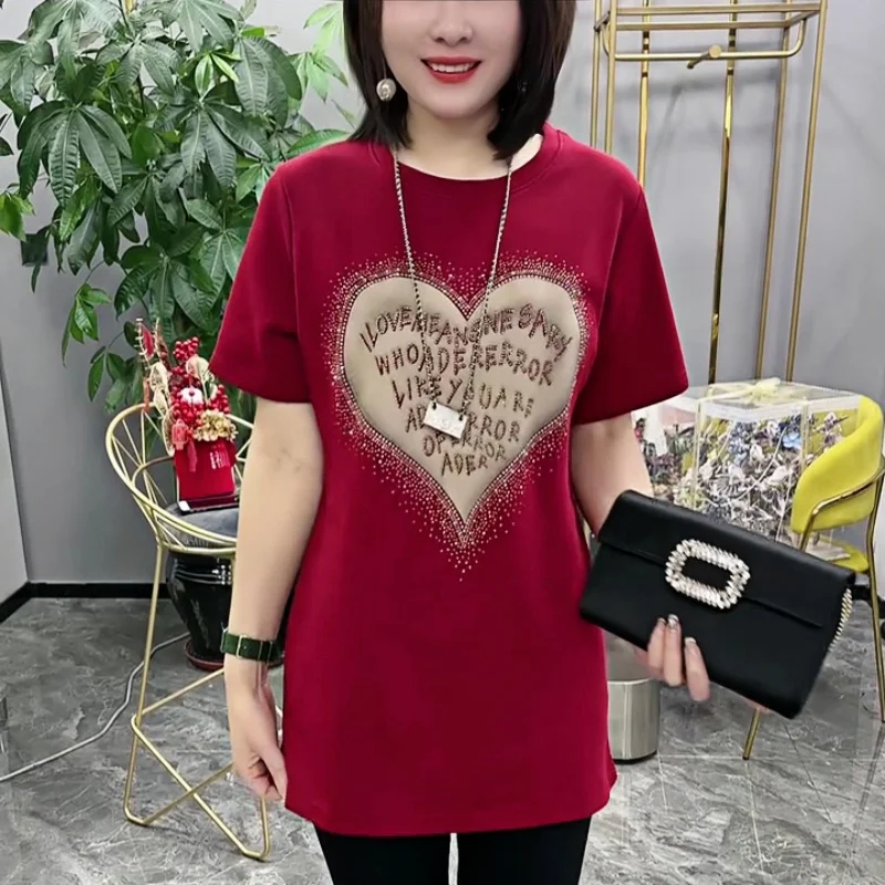 

Summer Women's 2024 New Pullover O-Neck Patchwork Fashion Print Rhinestone Loose Elegant All Match Short Sleeved T-Shirts Tops