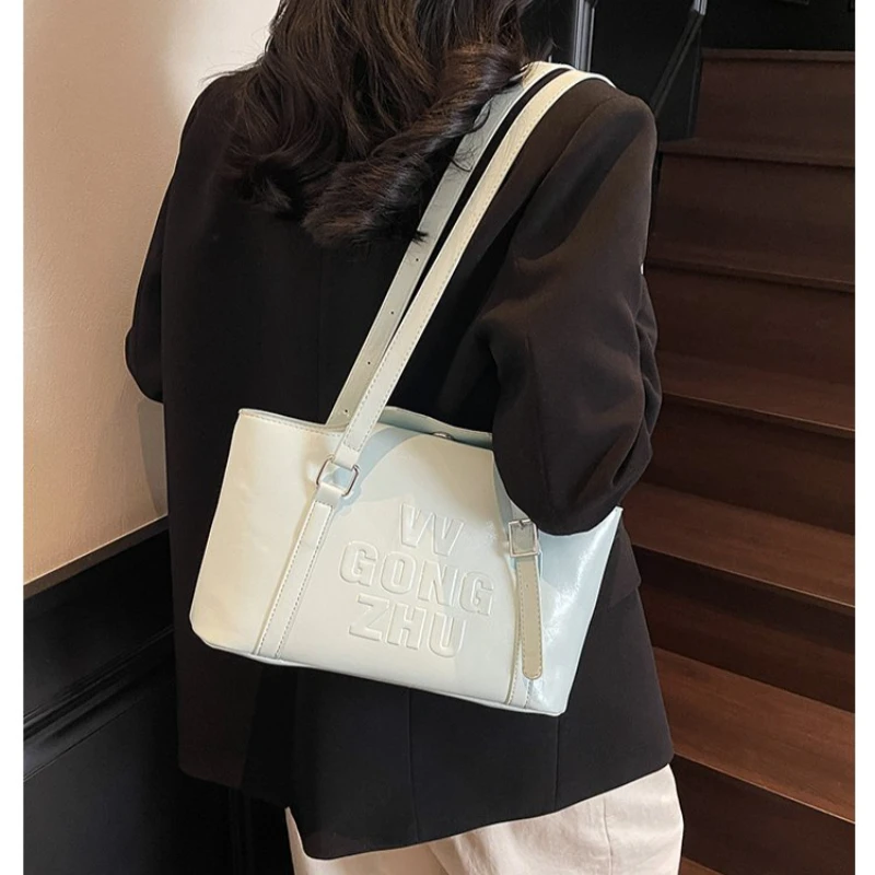 

Cream White Soft Faux Leather Shoulder Bag, Minimalist Tote Purse with Embossed Lettering, Lightweight Daily Casual Use