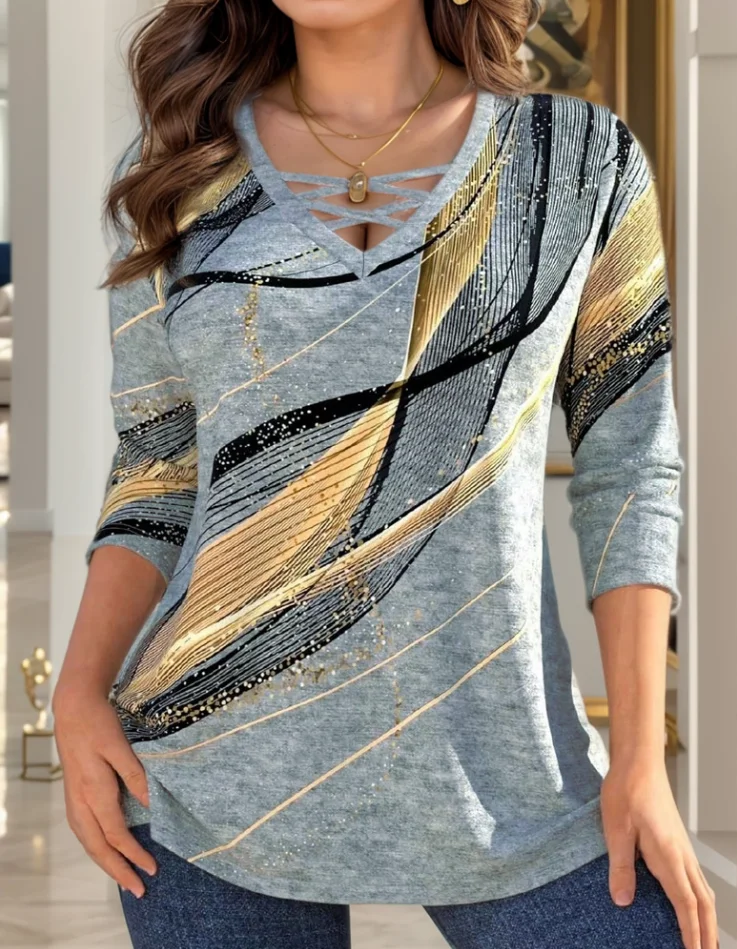 

Женская мода больших размеров с крестом и V-образным вырезом в полоску с принтом и длинными рукавами