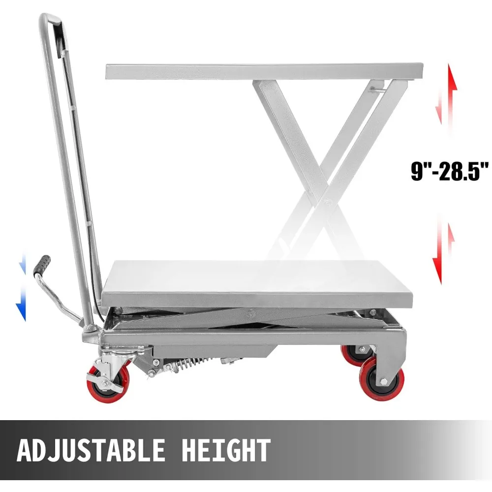 مقص هيدروليكي بسعة 500 رطل، عربة طاولة رفع بارتفاع 28.5 بوصة، طاولة رفع مقصية يدوية مع 4 عجلات وفوه