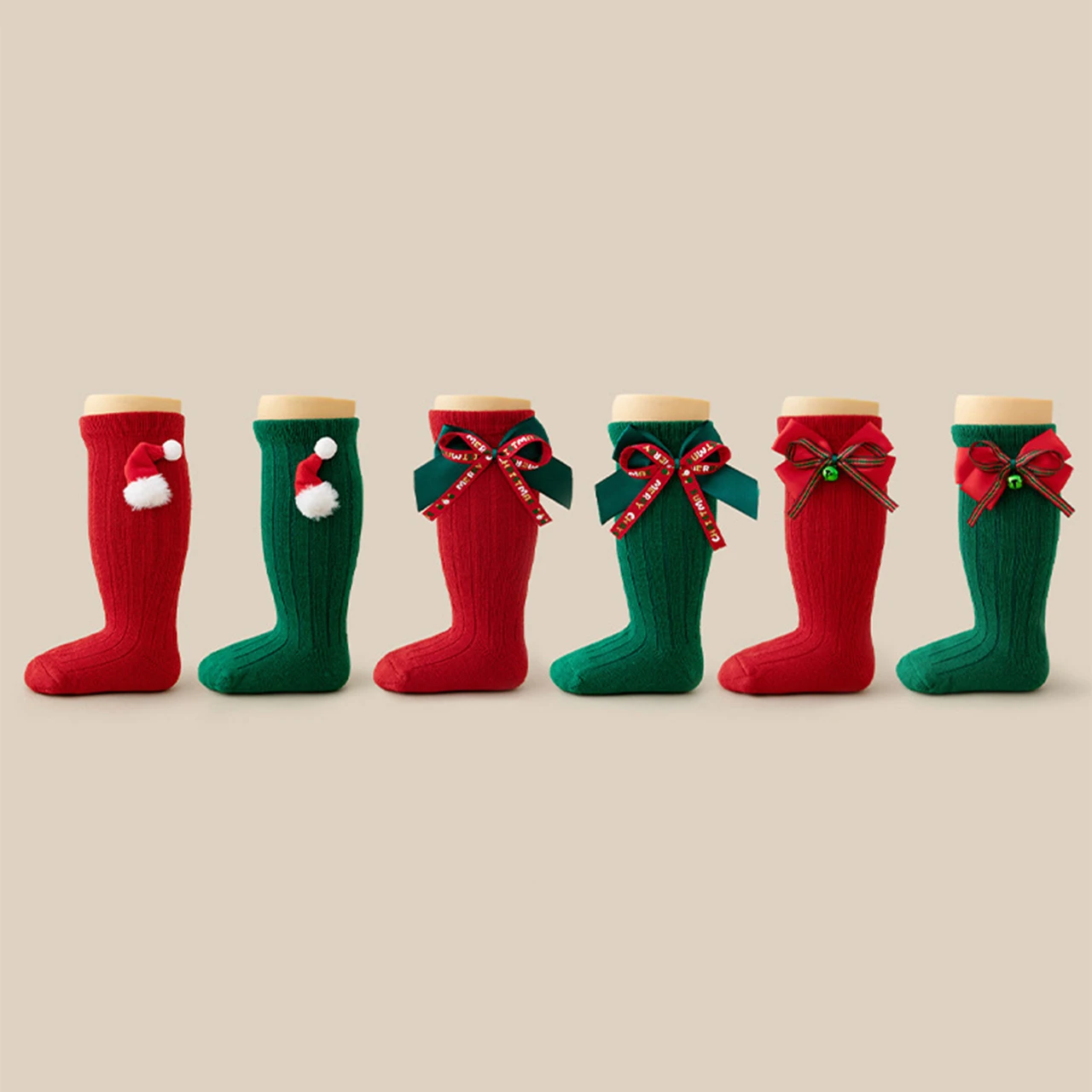 Kids Christmas Socks Sweet Girls Knit Stockings Red Green Bow Long Sock Autumn Winter Cotton Calf Sock 0-4Year Knee-high Socks