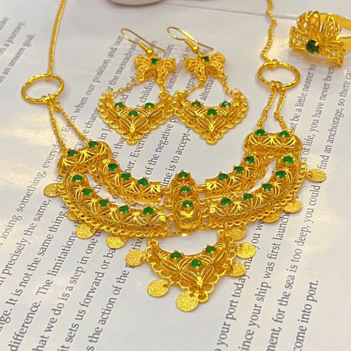 New Dubai 24K Gold Plated Ring Necklace Earrings Romantic Wedding Gift Party Jewelry Set for Women DD10577