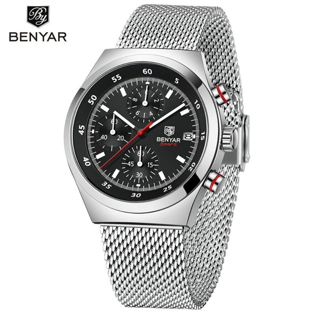 BENYAR 5200 Top Brand Men's Multi Functional Timing Quartz Watch Calendar Night Light Waterproof Stainless Steel Watches for Man
