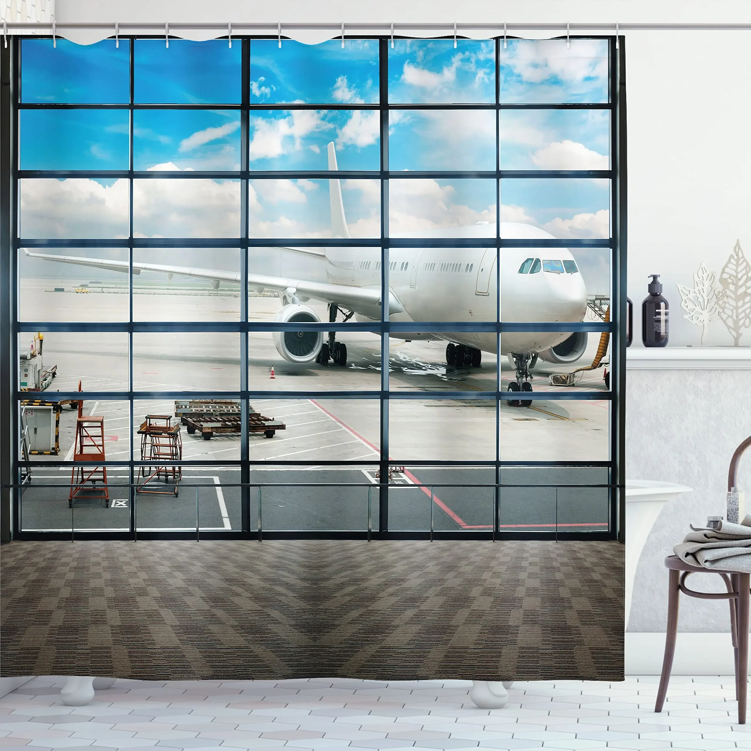 Airport Shower Curtain,Aviation Themed Illustration of Parked Airplanes Landed In Airfield,Polyester Fabric Bathroom Curtain Set