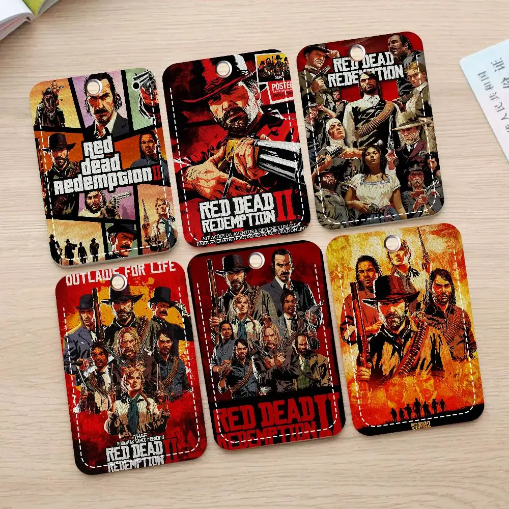 Game R-Red Dead-R-Redemptions 2 Rectangle ID Card Case Keychain Access Card Bag Key Tag Ring Leather Card Holder Key Ring Access