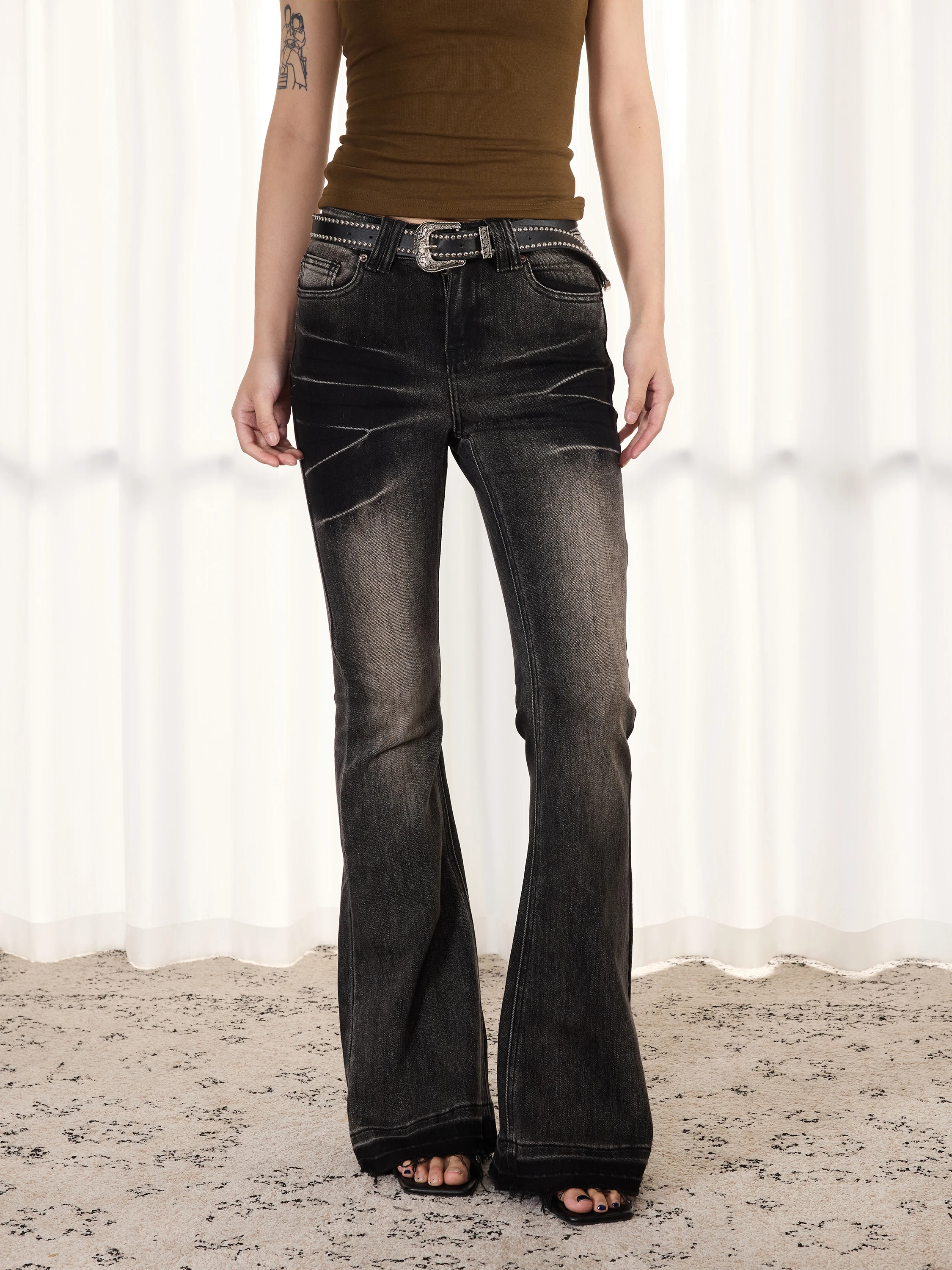 Antsstna American Retro Heavyweight Washed Gradient Low Waist Bell Bottom Slimming Long Leg Jeans Women Straight Cut Cotton J...
