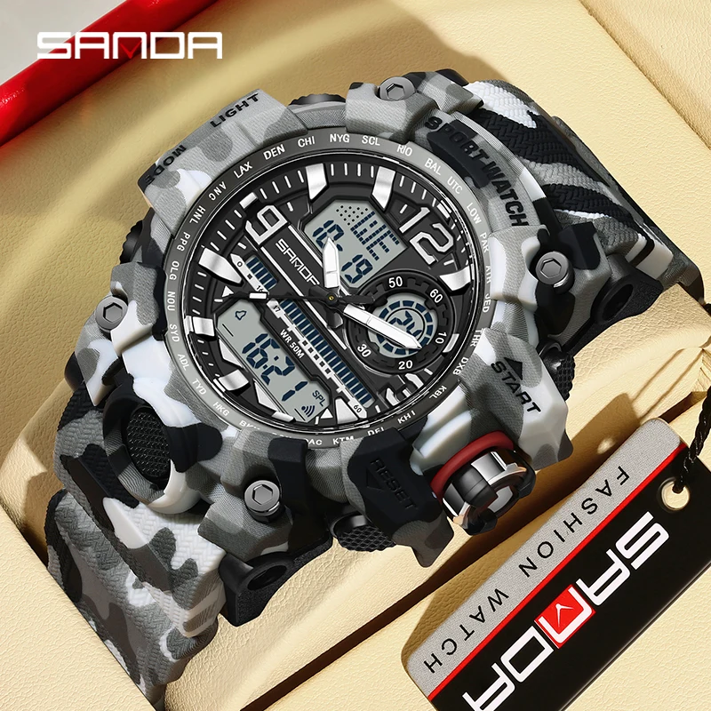 SANDA Fashion Camo G Style Military Men Watch LED Digital Outdoor Sport Electronic Stopwatch Waterproof Watches Casual Men Watch