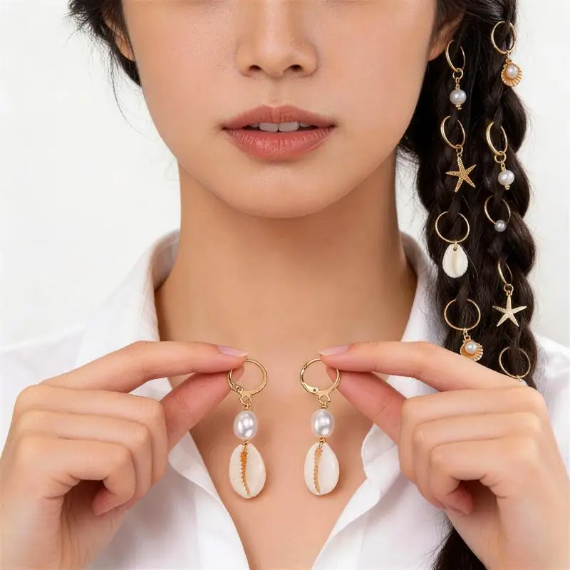 1 Set Muschel-Haarringe im Bohemian-Urlaubsstil, Hip-Hop Dirty Braid Personalisierte Casual Haarspange – Detail 3